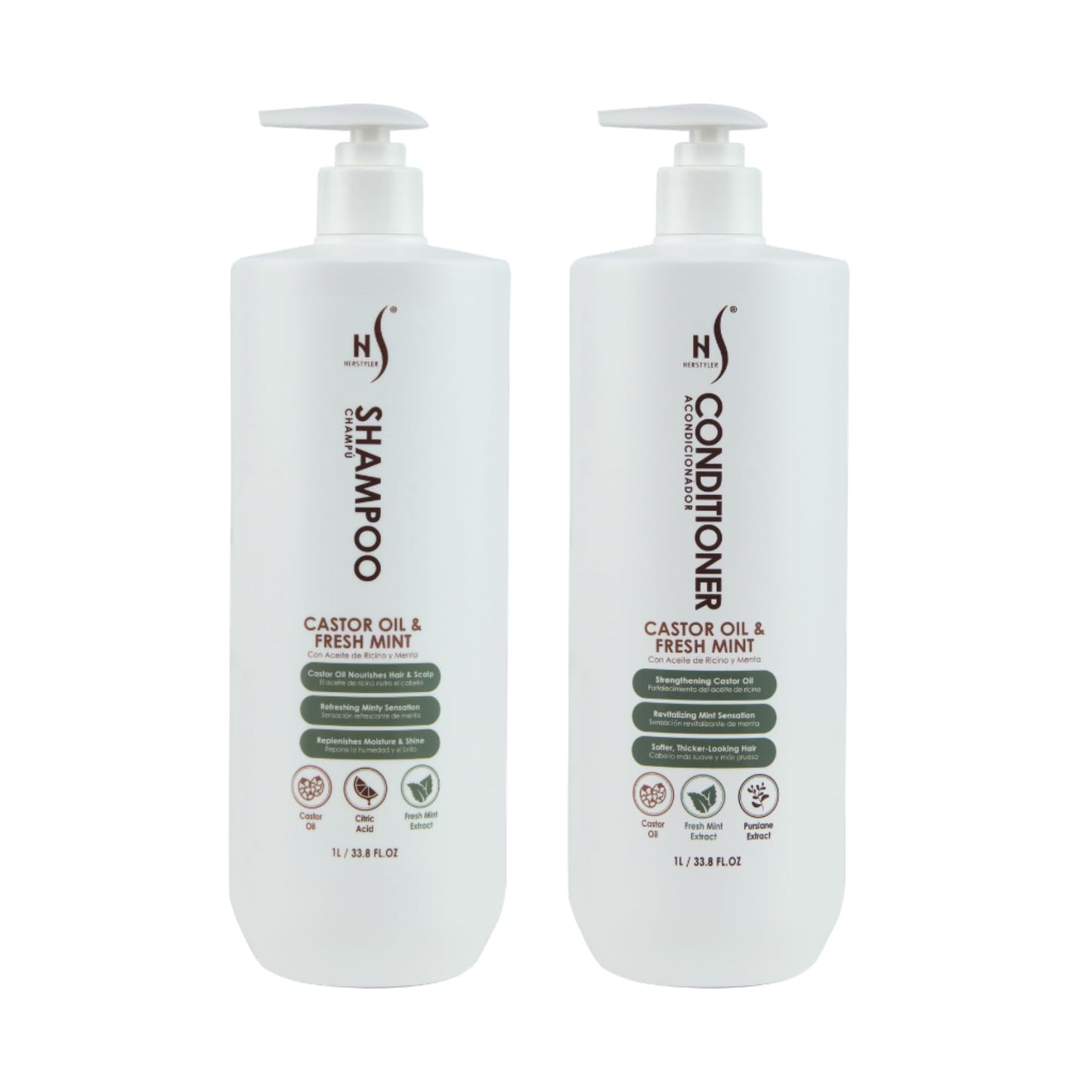 HerStyler Castor Oil Shampoo and Conditioner Set for Men - Cooling Mint Sensation - Contains Aloe and Purslane - Soothes Dry Flaky Scalp - Softer