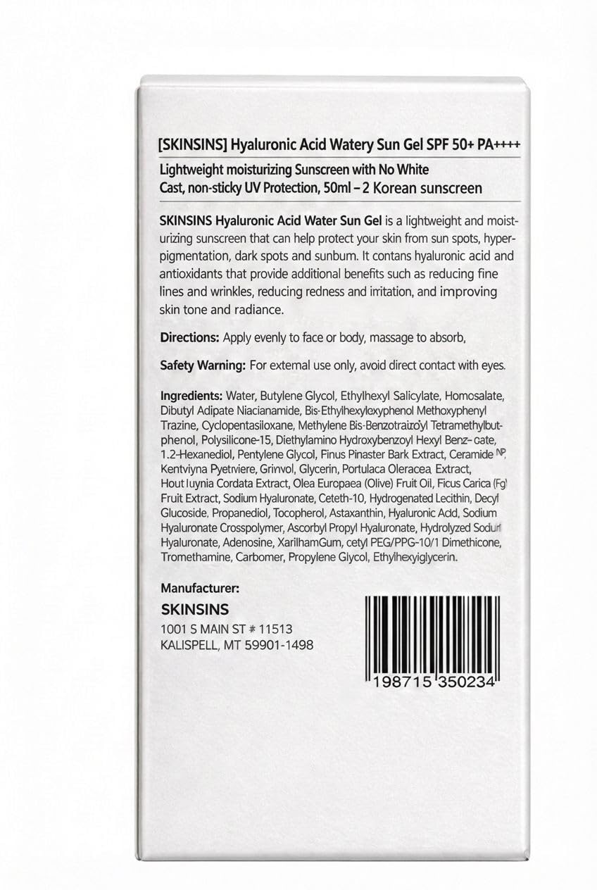 Hyaluronic Acid Watery Sun Gel SPF 50+ PA++++, Lightweight moisturizing Sunscreen with No White Cast,non-sticky UV Protection, 50ml - 2 Pack - Korean
