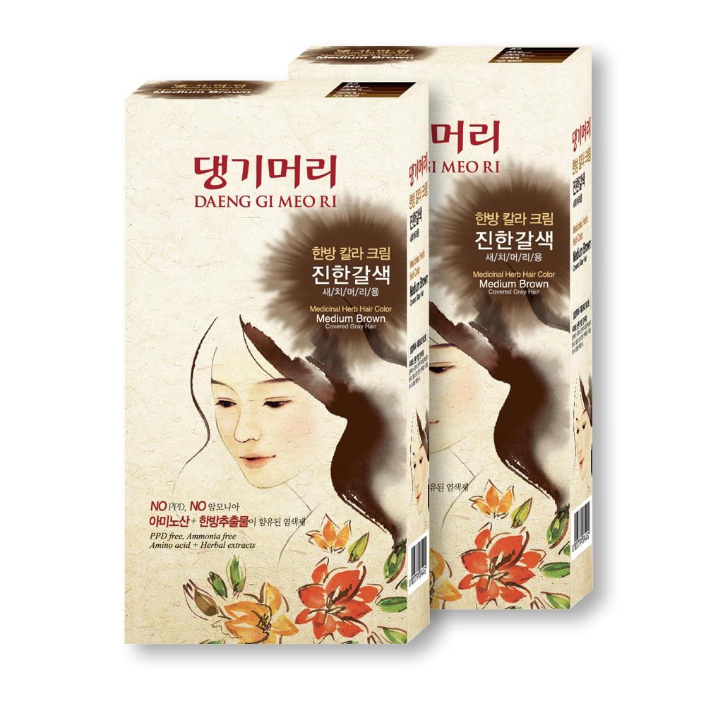 Daeng Gi Meo Ri - Korean Herbal Hair Dye Color Cream [Medium Brown] (2 PACK) - PPD-Free Gray Coverage, Hair Protection, High-Keratin Formula, 5 Oz