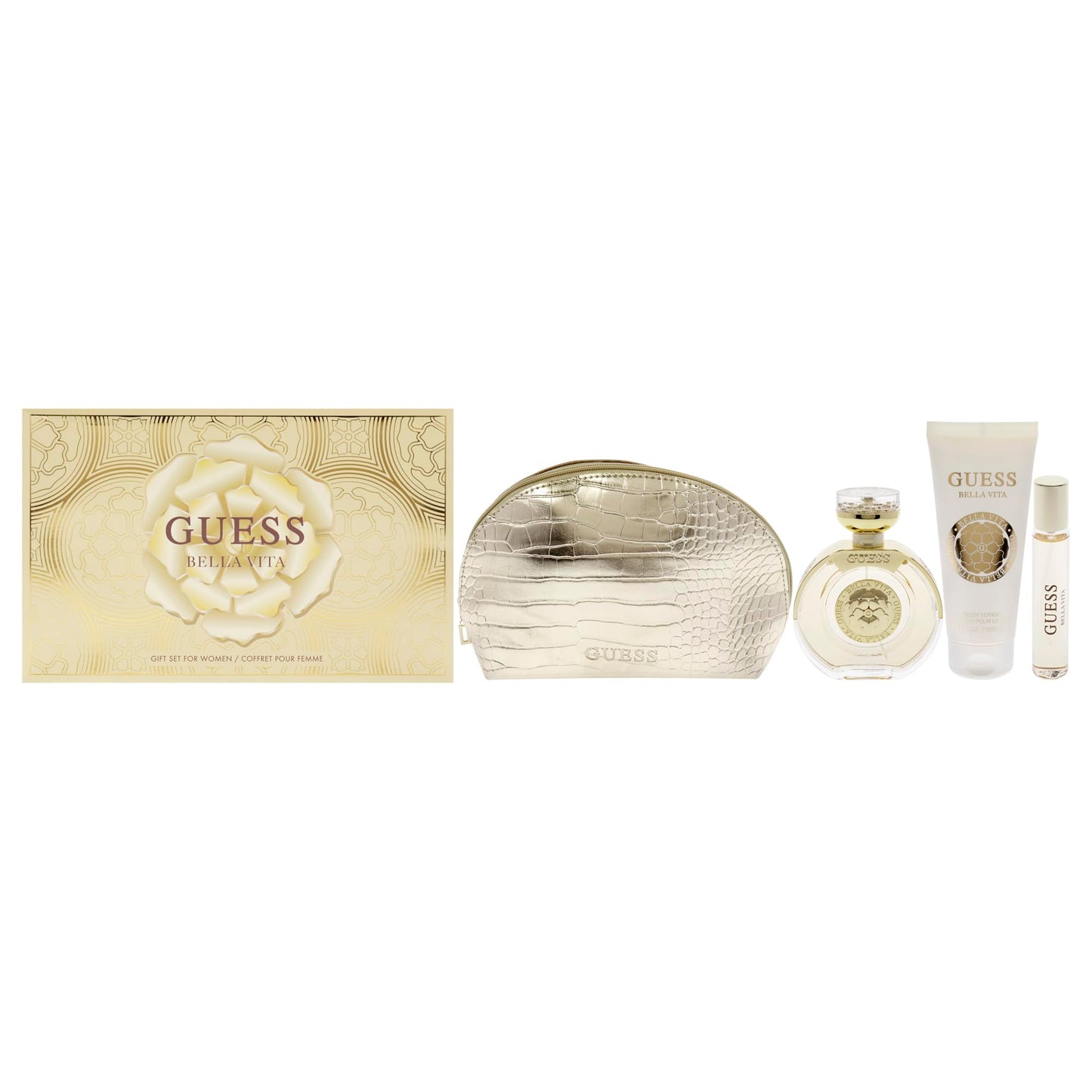 GUESS Bella Vita Eau de Parfum 4 Piece Gift Set For Women - Perfume Spray 3.4 Fl. Oz., Travel Spray 0.5 Fl. Oz., Body Lotion 3.4 Fl. Oz., & Pouch