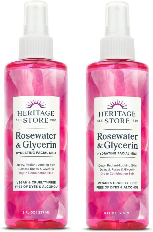 HERITAGE STORE Rosewater & Glycerin 2-pack - Hydrating Facial Mist - Dry Combination Skin Care - Rose Water Spray with Vegetable Glycerine - Made