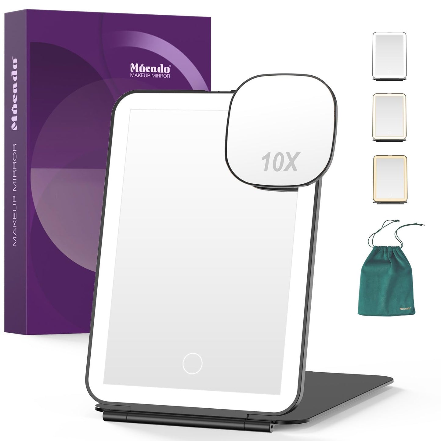 Mocado LED Foldable Travel Makeup Mirror - 5x7 inches 3 Colors Light Modes USB Rechargeable Touch Screen, Portable Tabletop Cosmetic Mirror