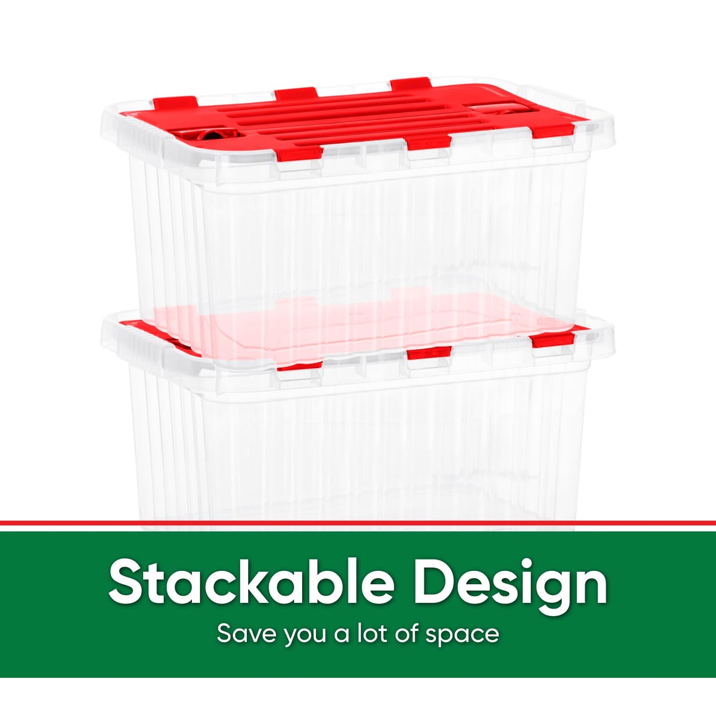 Superio Christmas Storage Box with Red Hinged Lids, Plastic Container Bins for Organizing with Attached Lid, Stackable Crates, BPA Free, Organizers…