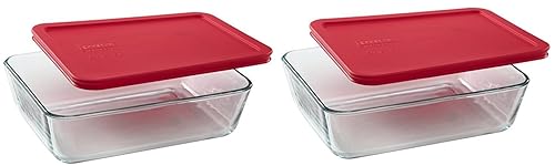 Pyrex 7211 6-Cup Glass Dish & 7211-PC Red Lid (2-Pack) - Made in USA
