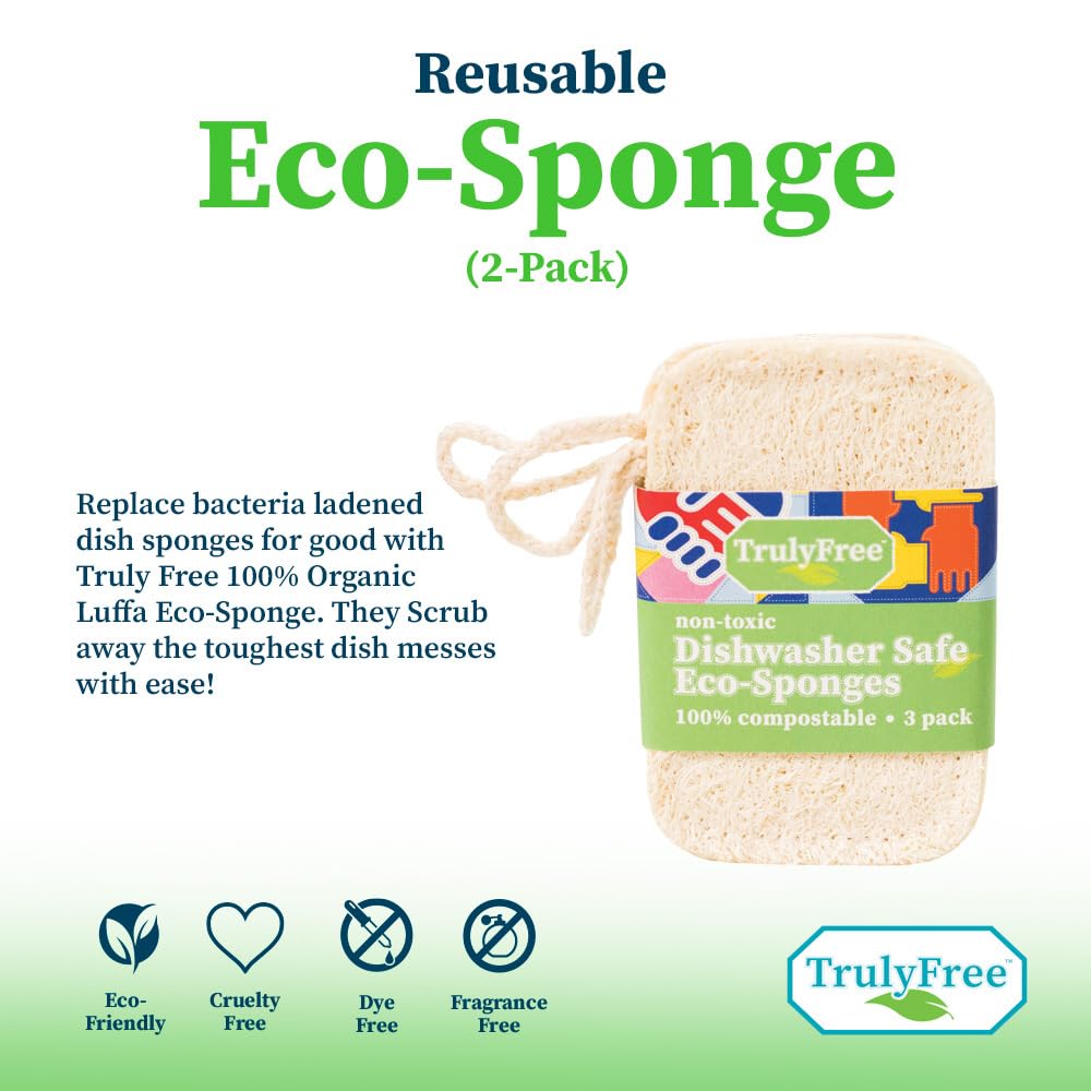 Truly Free Natural Cleaning Sponges, 100% Organic Luffa Dish Scrubber, Plant-Based Compostable Kitchen Dishwasher Sponge, Cleans Sink, Grout & Tile