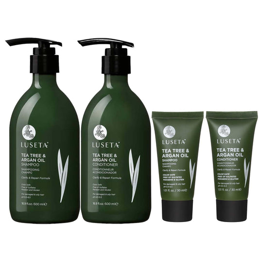 Luseta Tea Tree Shampoo and Conditioner Set - Full and Travel Size for Oily Hair, Clarifying Dandruff with Argan Oil Repair (2x16.9 fl oz + 2x1.01 fl