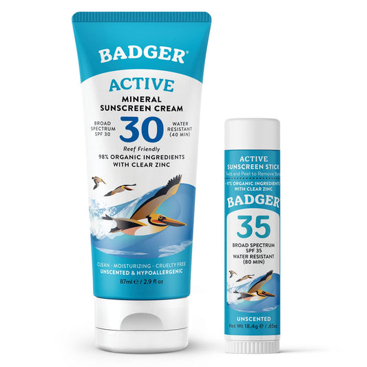 Badger Mineral Sunscreen Combo, SPF 30 Cream & SPF 35 Face Stick, Organic Ingredient with Mineral Zinc Oxide, Unscented Reef Safe Sunscreen Set, Broad