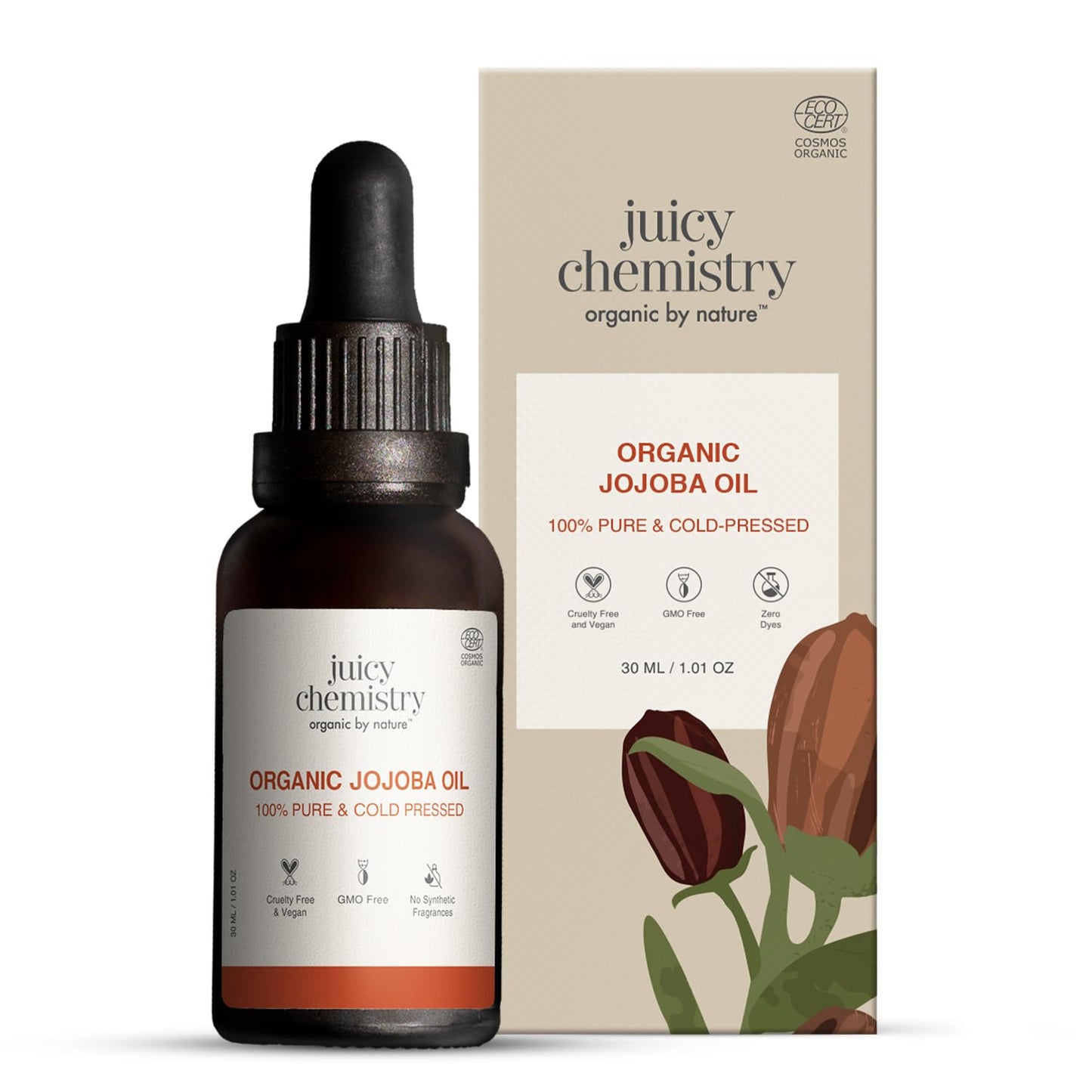 Juicy Chemistry Organic Jojoba Oil, 30 Ml Pure, Cold Pressed & Virgin Carrier Oil For Skin, Hair & Cuticles Naturally Rich In Vitamin E & Ceramides