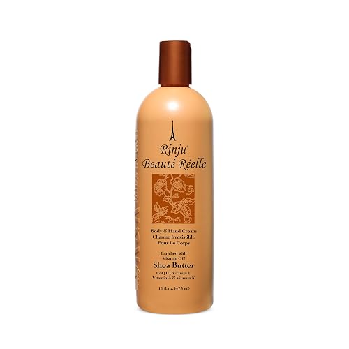 Rinju Beaute Reelle Body & Hand Cream - Non-Greasy Moisturizer for Women & Men - 16 Oz Shea Butter Cream for Extremely Dry Skin - CoQ10, Vitamin E, A