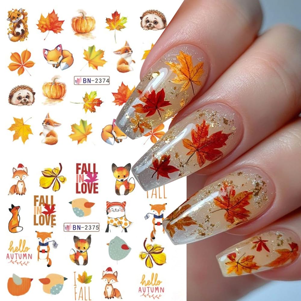 12Sheets Fall Nail Stickers Autumn Maple Leaf Pumpkin Halloween Thanksgiving Water Transfer Nail Decal for Women Girls Kids DIY Decorations