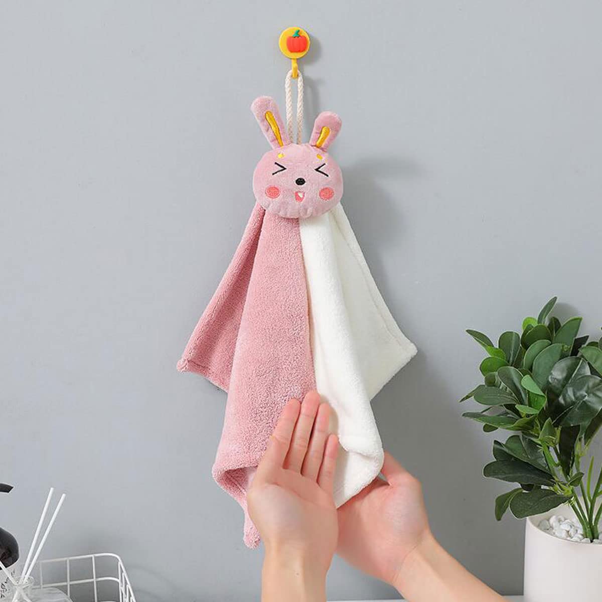 Ewanda 3 Pack Cute Rabbit Hand Towels with Hanging Loop, Kids Hanging Towels for Kitchen & Bathroom