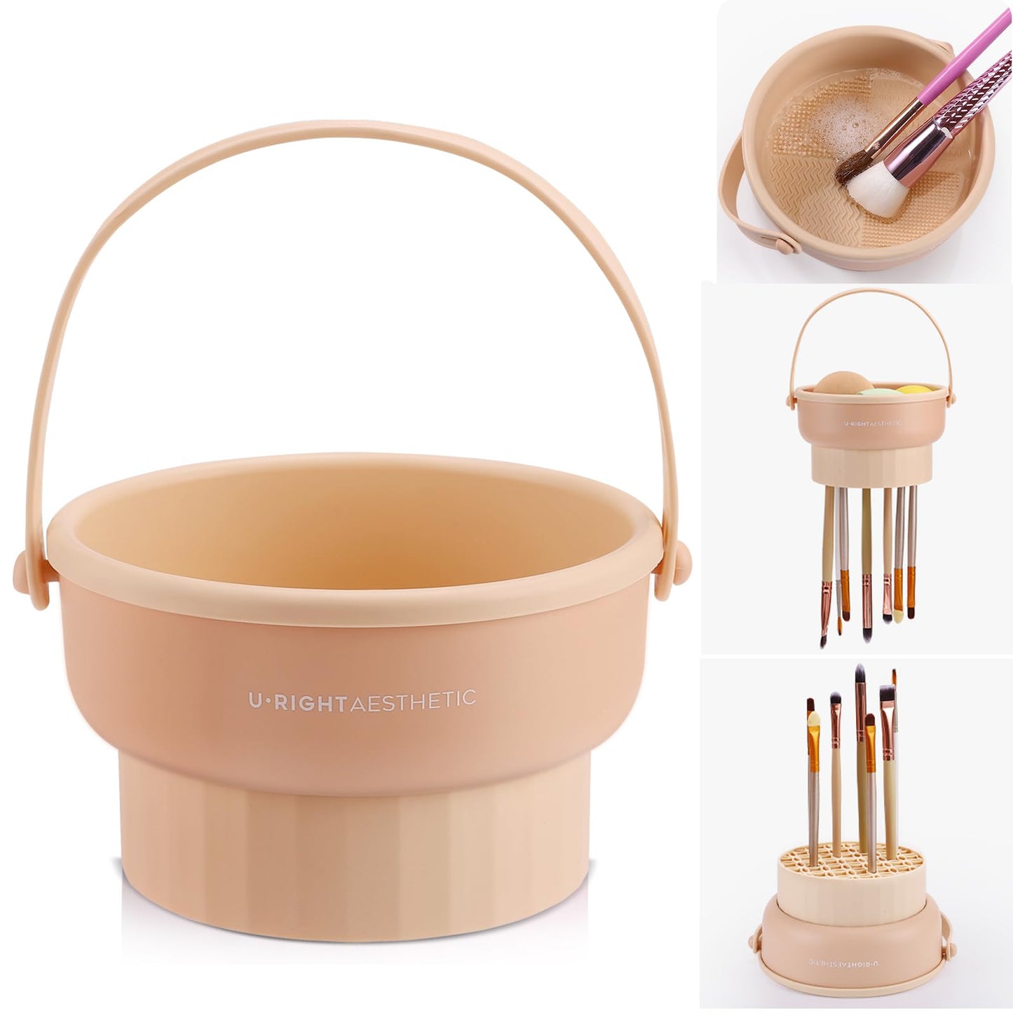 GOLIKEE Makeup Brush Cleaner Mat 3 in 1 Silicone Makeup Brush Cleaner Bowl Cosmetic Brushes Cleaning Tool Organizer for Storage and Air Drying?Khaki? Beauty and Personal Care GOLIKEE