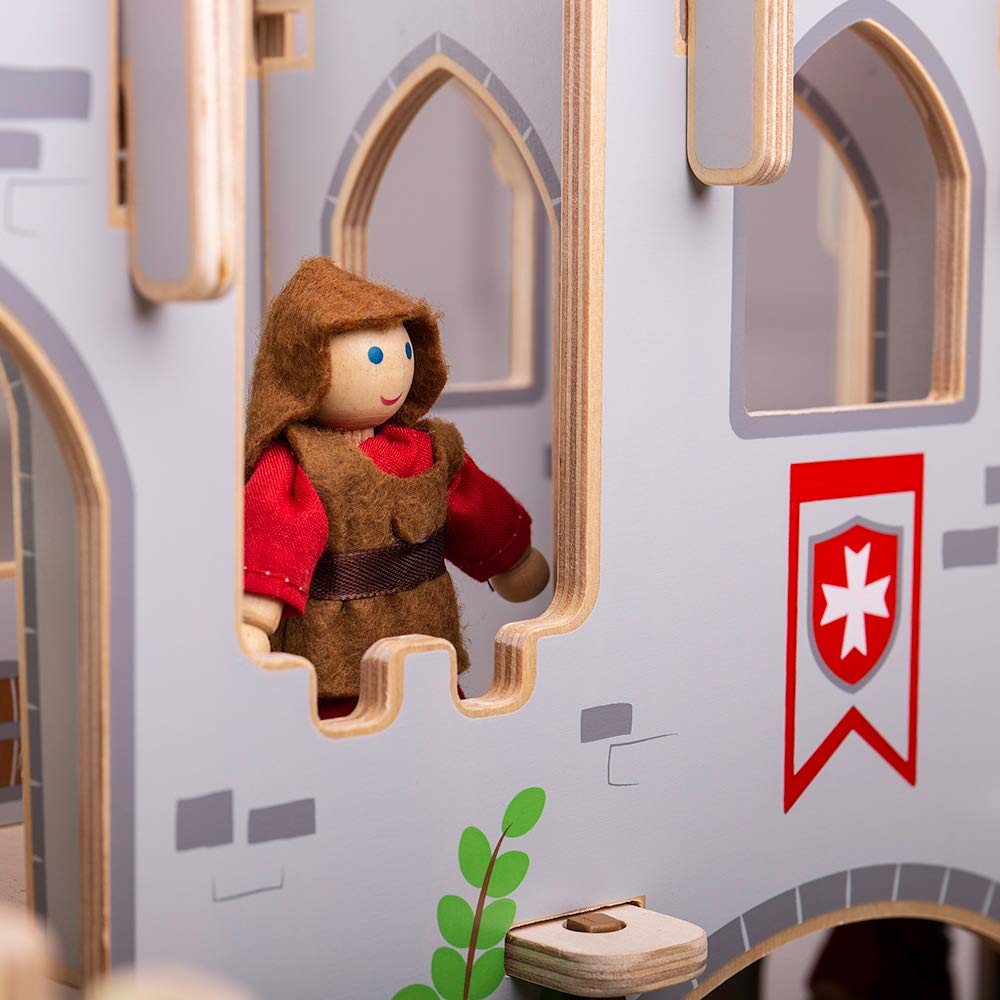 Bigjigs Toys King George's Castle – Wooden Medieval Fort Playset with Drawbridge, Balconies & Doors, Fantasy Role Play Toy for Kids 3+