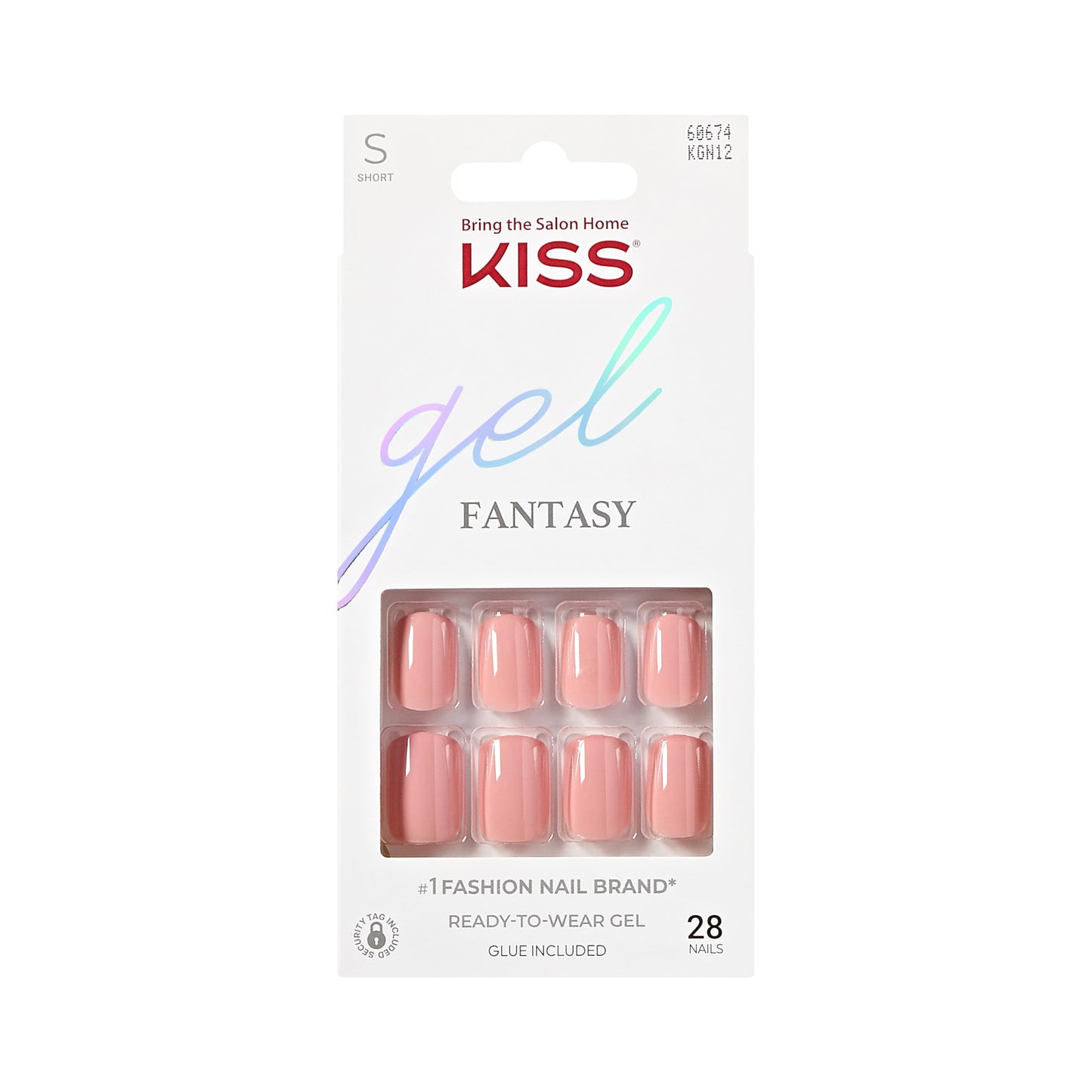 KISS Gel Fantasy Press On Nails with Glue, Pink, Short Length, Squoval Shape, 28 Fake Nails, Net wt. 2 g (0.07oz.) Pink Gel Nail Glue, Mini File,