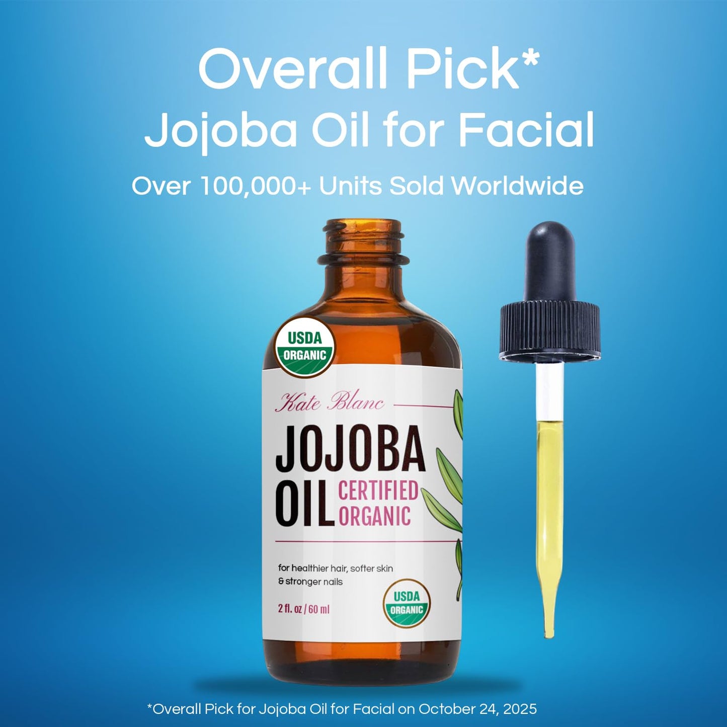 Kate Blanc Cosmetics Organic Jojoba Oil for Hair, Skin, Face, Nails (2oz) - USDA Certified, 100% Pure Cold Pressed Unrefined - Moisturizing Carrier