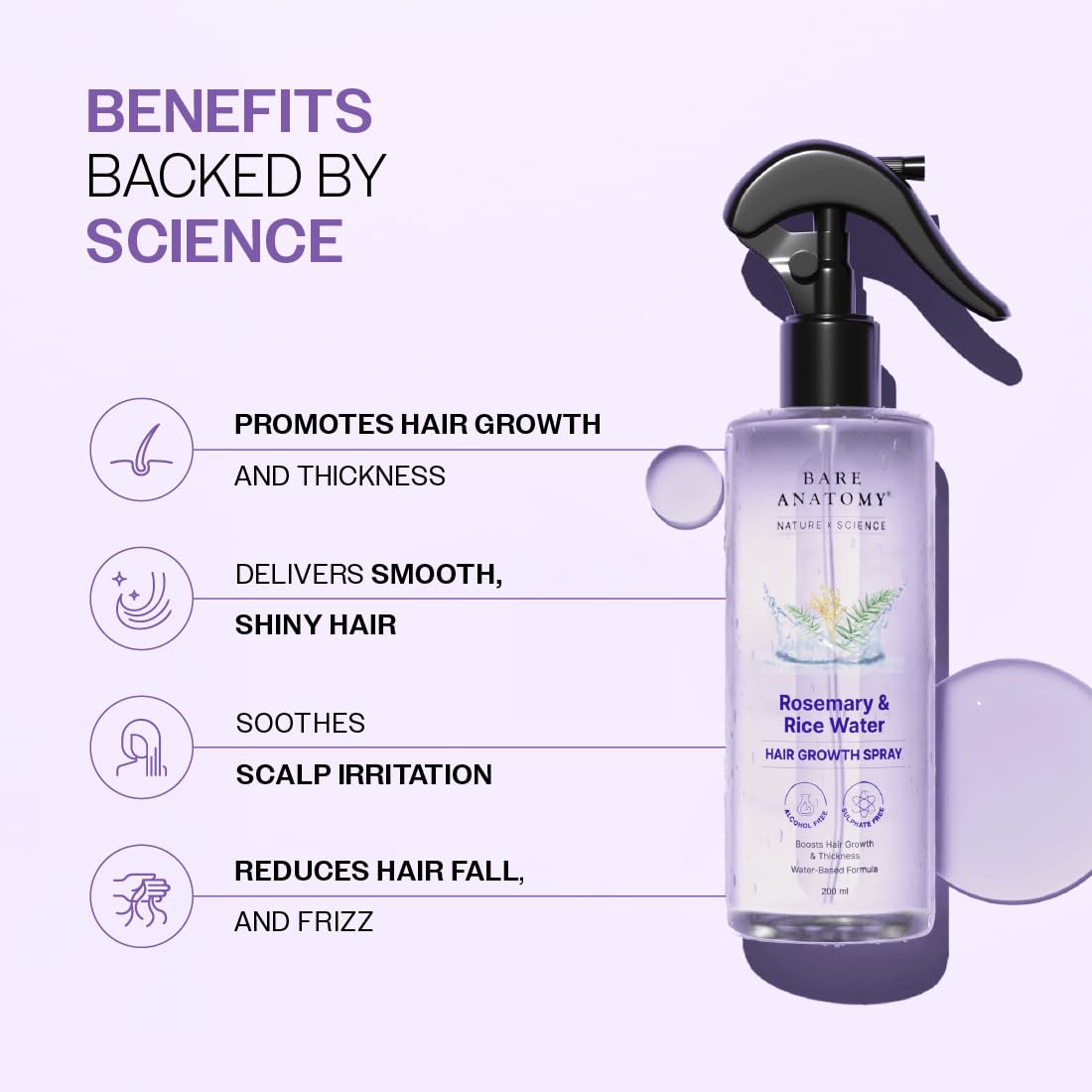 Bare Anatomy Nature x Science Rosemary Water Spray for Hair Growth & Hair Thickness with Rice Water |100% Natural Extract | Soft & Smooth Hair| Beauty and Personal Care Bare Anatomy
