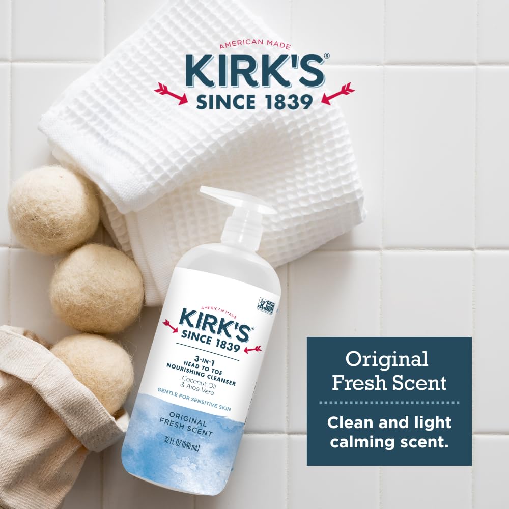 Kirk's 3-in-1 Head to Toe Nourishing Liquid Cleanser- for Men, Women & Children - Premium Coconut Oil & Aloe Vera- Non GMO & Vegan -Original Fresh