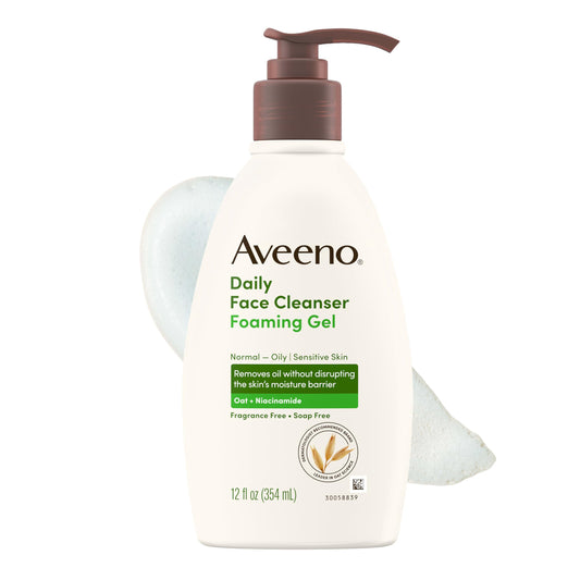 Aveeno Daily Foaming Gel Facial Cleanser for Normal to Oily or Sensitive Skin, Prebiotic Oat Formula, Fragrance-Free & Hypoallergenic, Free from