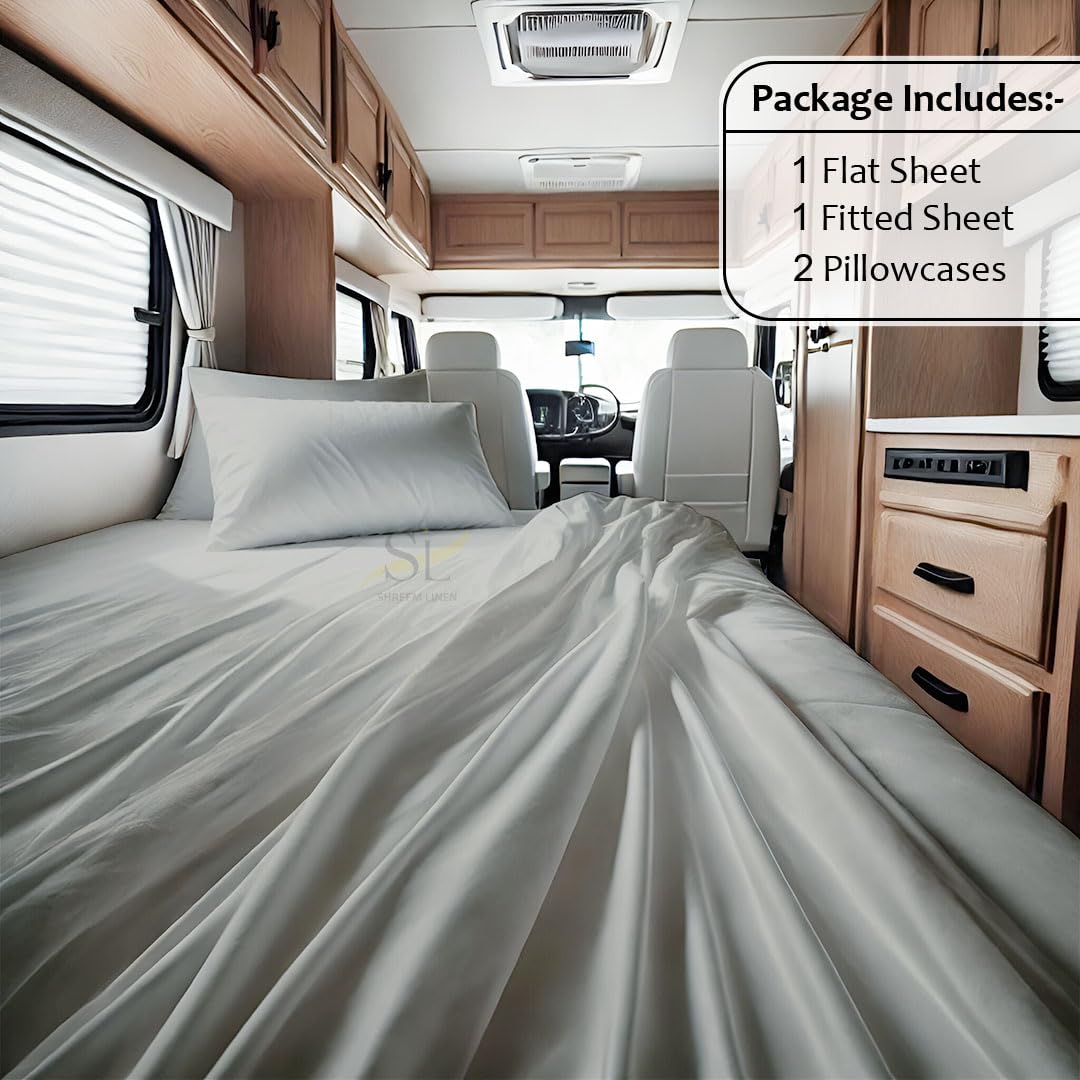 Shreem Linen Microfiber RV Sheet Sets, 70x80 Camper King, Light Grey Solid - Fits Mattresses up to 8 Inches Deep, 4 Piece RV Bed Sheets for Campers,