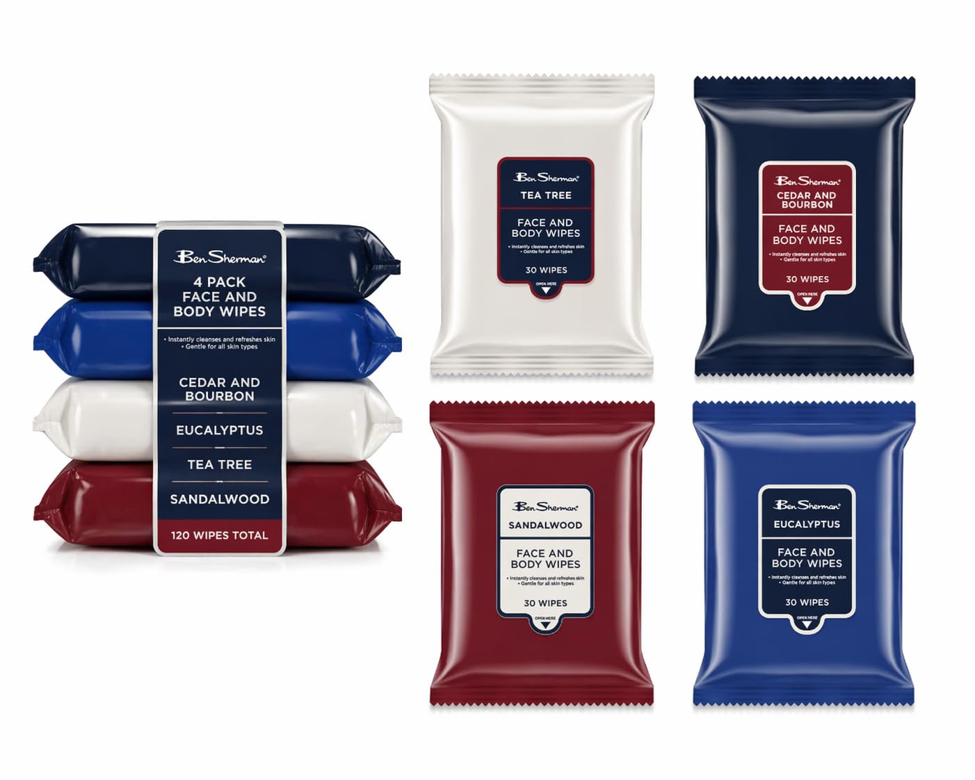 Ben Sherman Men's Face Wipes - 4 Pack (120 Total) Cleansing Wipes for Men with Cedar & Bourban, Eucalyptus, Tea Tree & Sandalwood