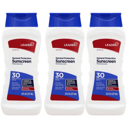 LEADER General Protection Sunscreen Lotion Broad Spectrum SPF 30, Water Resistant Moisturizing Lotion, 8 Ounce, Pack of 3