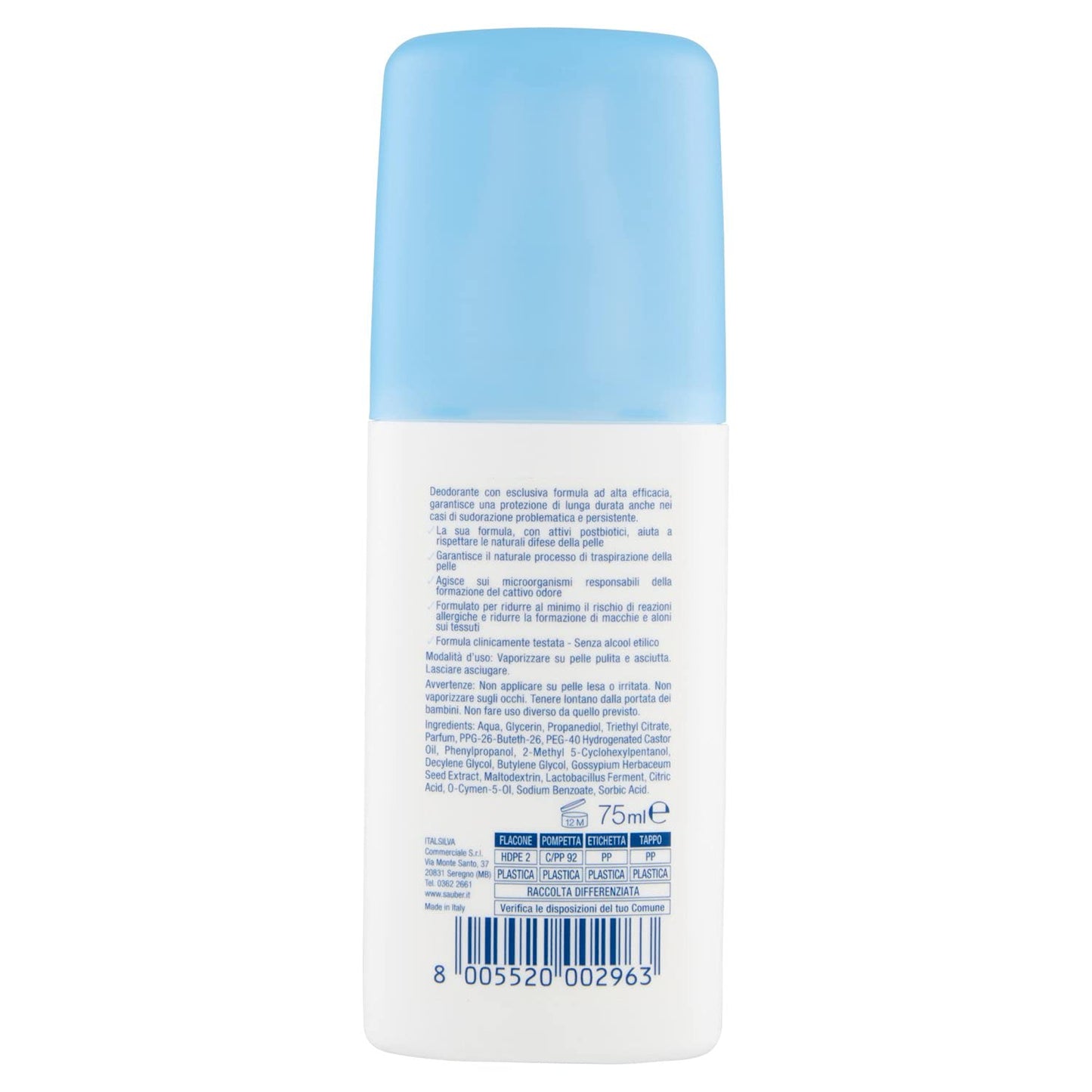 Sauber: "Deocare" Hypoallergenic Deodorant 2.54 Fluid Ounces (75ml) Vapo No Gas [ Italian Import ] Beauty and Personal Care Sauber
