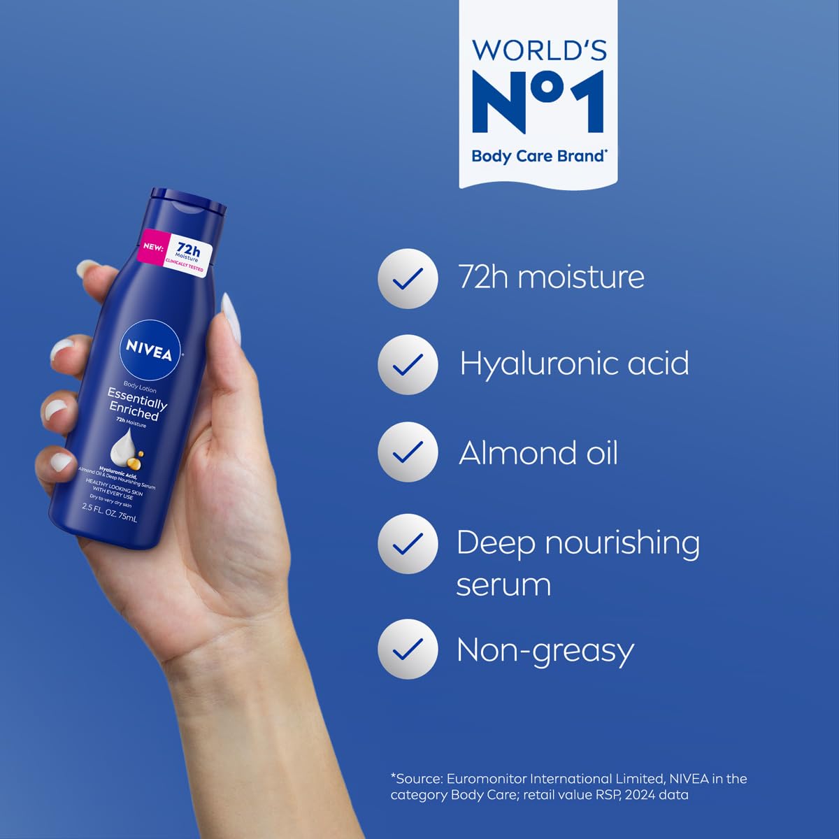 NIVEA Essentially Enriched Body Lotion for Very Dry Skin with Hyaluronic Acid, Almond Oil and Deep Nourishing Serum, 72-Hour Body Moisturizer, 2.5 Fl