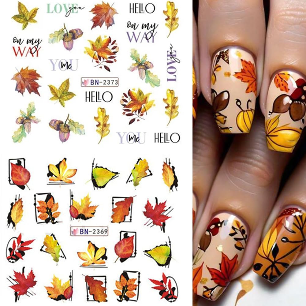 12Sheets Fall Nail Stickers Autumn Maple Leaf Pumpkin Halloween Thanksgiving Water Transfer Nail Decal for Women Girls Kids DIY Decorations