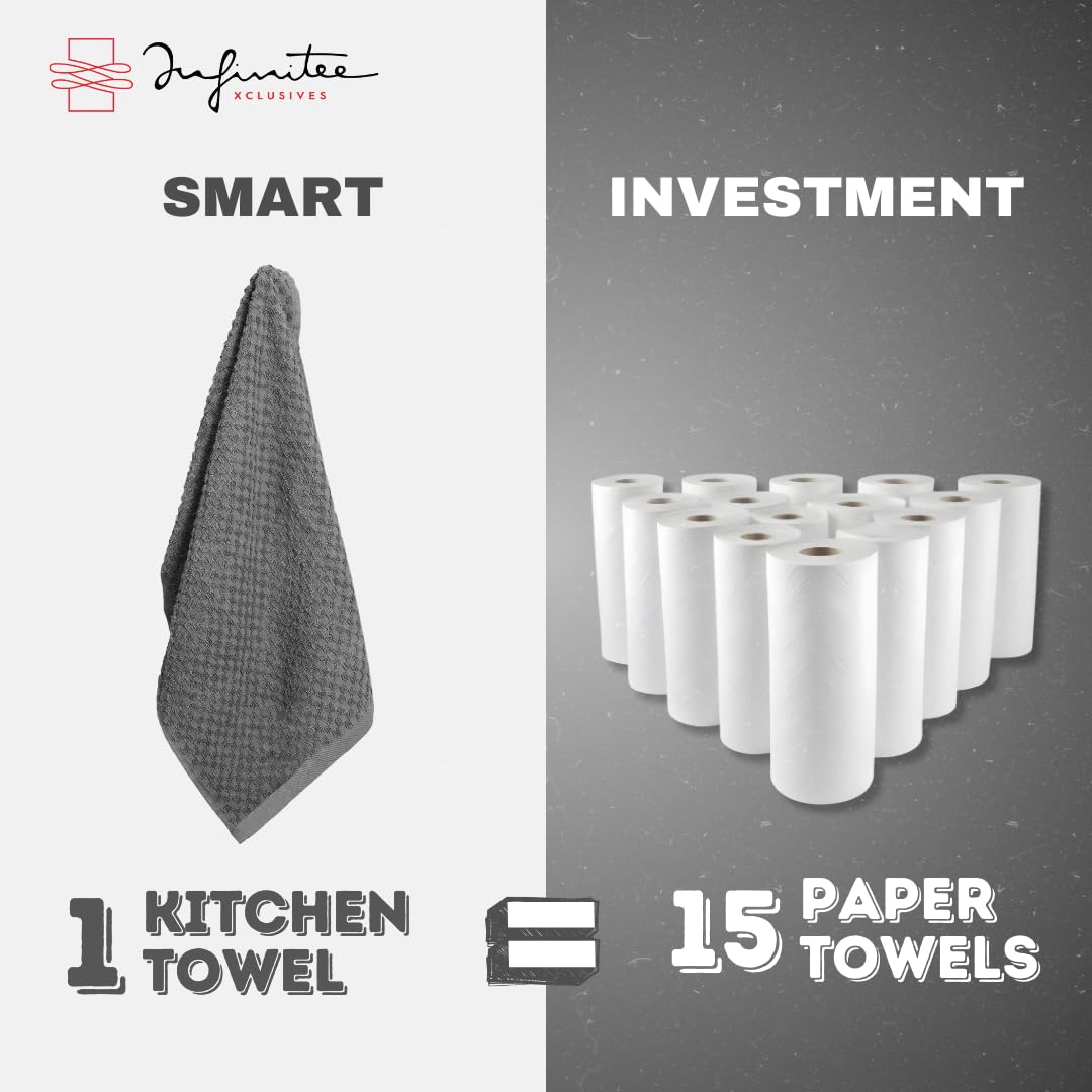 Infinitee Xclusives 100% Cotton Kitchen Towels – 15x25” Ultra Soft, Super Absorbent Terry Dish Towels, Grey
