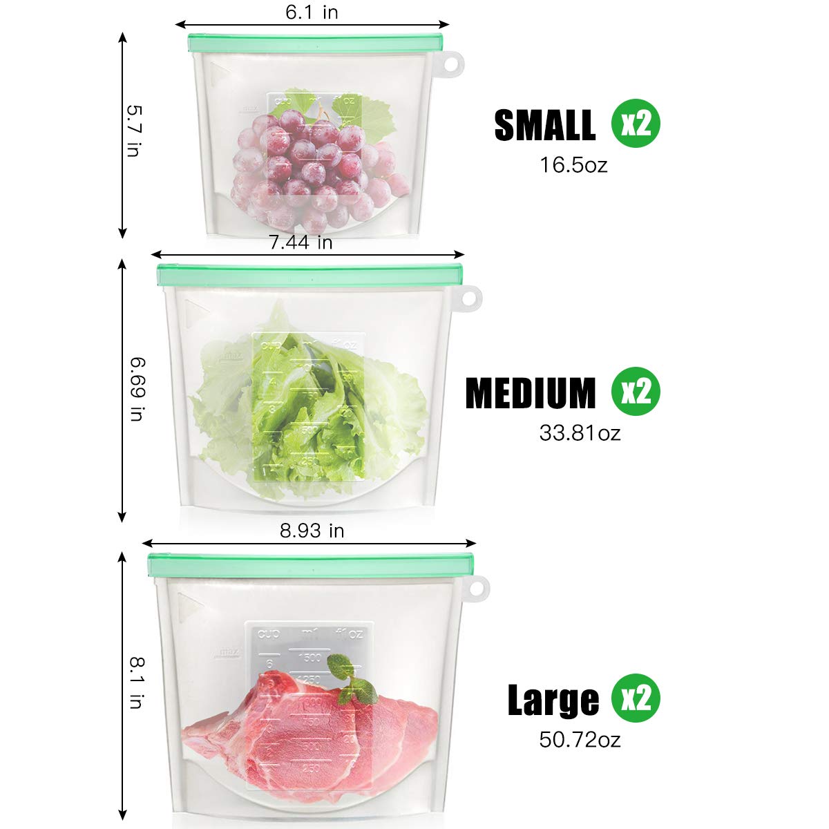 【Upgrade】Cadrim Reusable Extra Thick Silicone Food Storage Bags - 6 Packs Zipper Freezer Bags For Marinate Meats Sandwich, Snack, Cereal,Fruit Meal…