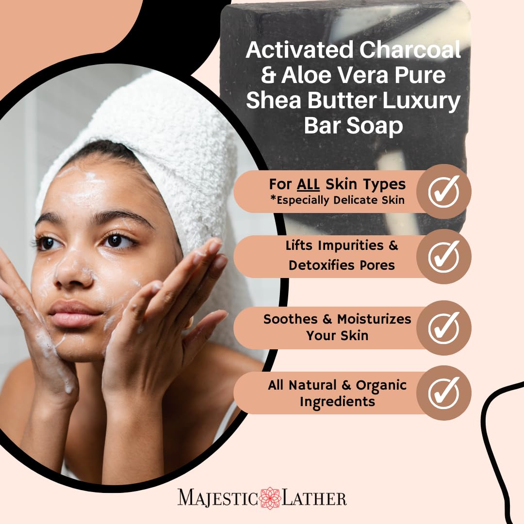 Majestic Lather Soothing Aloe & Activated Charcoal Luxury Bar Soap for Face, Body, Dry Sensitive Skin, Eczema, Psoriasis, Rosacea, ACNE and Oily Skin