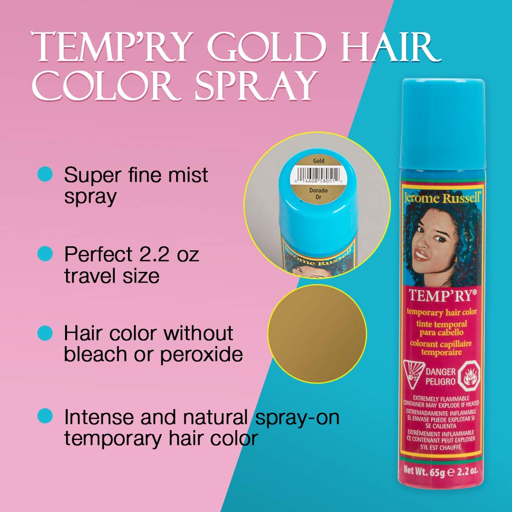 Jerome Russell Temporary Hair Color Spray, Gold - Instant Root Touch Up & Highlighting Mist for Men or Women, Vibrant Non-Damaging Wash Out Tint, 2.2