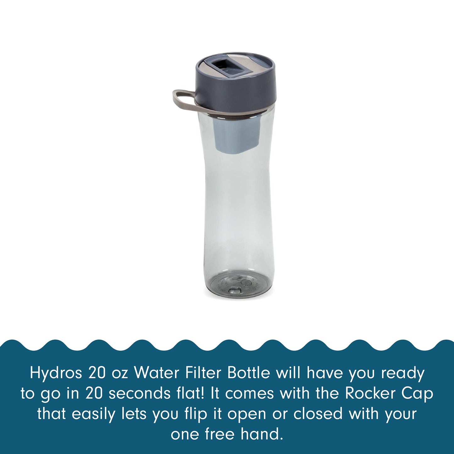 Hydros Water Filter Bottle, 20 Oz, Patented Fast Flo Tech, Dishwasher Safe, 20 Second Quick Fill, Leak Proof, BPA Free, Grey