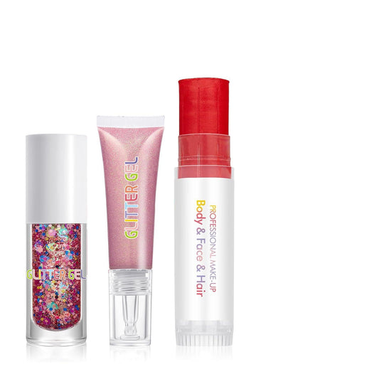 3Pcs Glitter Gel Set - Face & Body Chunky Sparkle Gel with Shimmer Highlighter Stick | Glitter Jelly for Eye, Festival Makeup, Nails, Body Art (Set E)