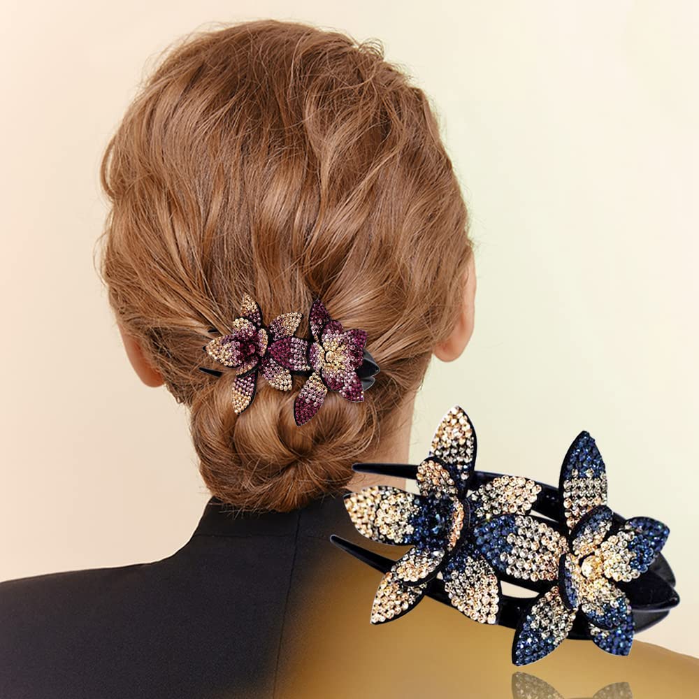 6 Pack Rhinestone Double Flower Hair Clip for Women Girls, Crystal Duckbill Clip Hairpin with Teeth Non-Slip Women Elegant Hair Dovetail Clips
