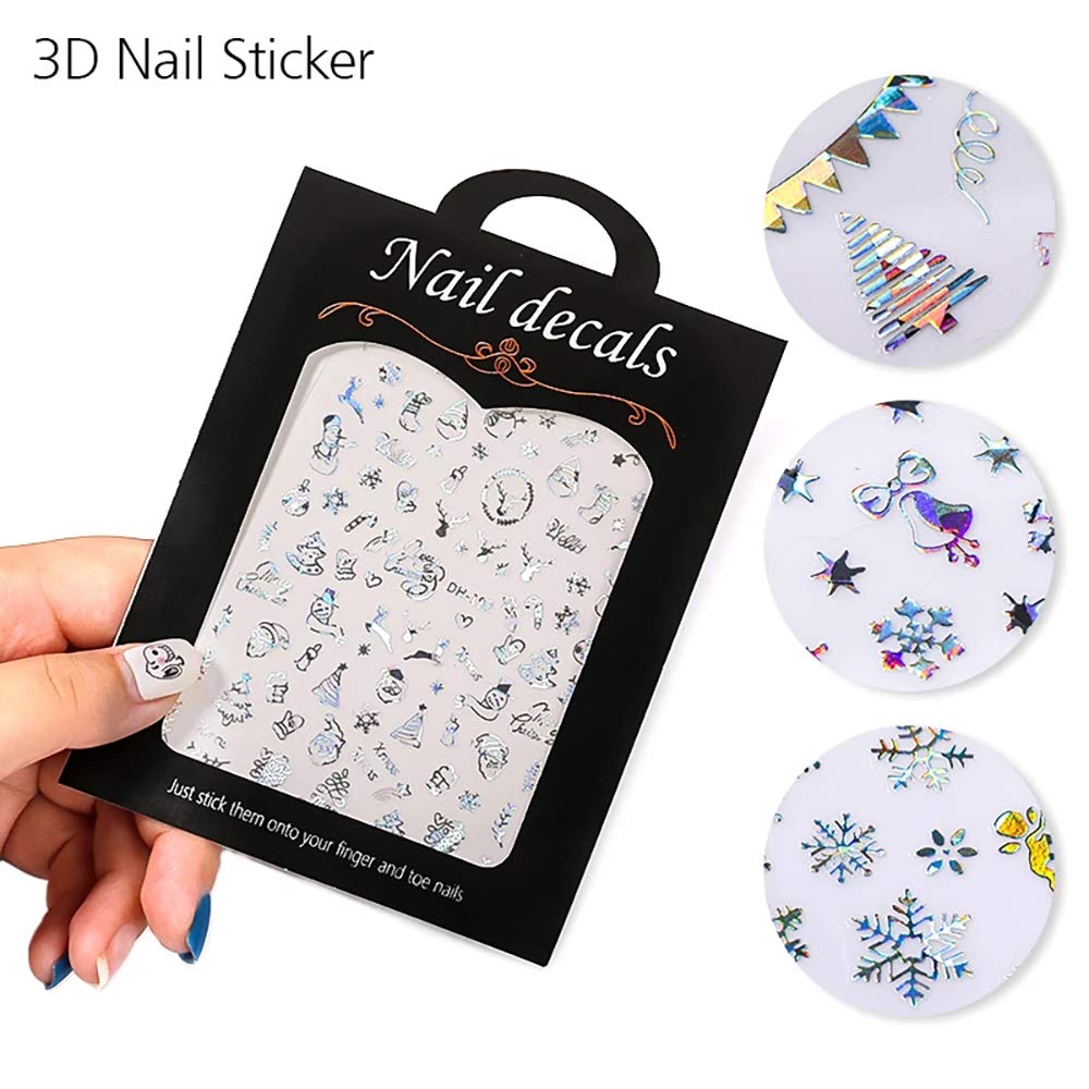 Christmas Nail Stickers - 8 Sheets 3D Holographic Winter Nail Decals Santa Claus Deer Snowflakes Snowmen Xmas Nail Art Sticker Manicure DIY Nail