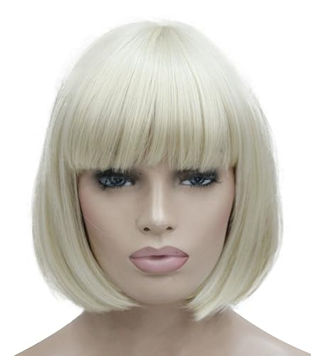 Lydell 8" Straight Short Bob Hair Flat Bangs Cute Central Dot Skin Top Heat Resistant Synthetic Wigs (614 Pale Blonde)