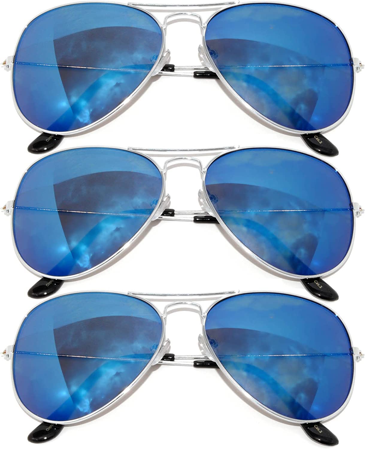 Aviator Full Mirror Lens Sunglasses Blue Color Lens Metal Silver Color Frame 3 Pairs Men Women