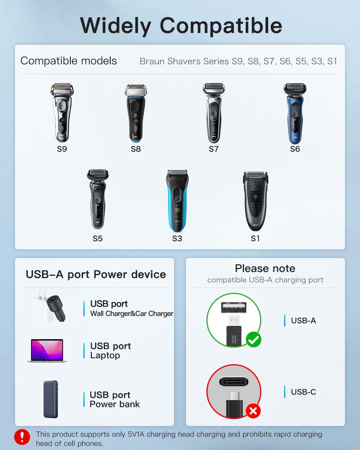 YAJOJO Charger Cable for Braun Shaver Series 9 8 7 6 5 3 1,Power Cord for Braun S3 S6 S7 S8 S5 S9 S1 Electric Razor,Durable Portable Travel Beauty and Personal Care YAJOJO