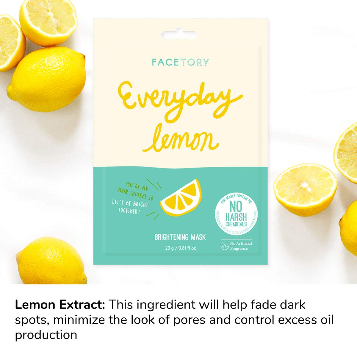 FACETORY K Beauty Face Mask Skin Care - Everyday LEMON Brightening Sheet Mask | Plant-Based with Lemon Extract (5 Pack)