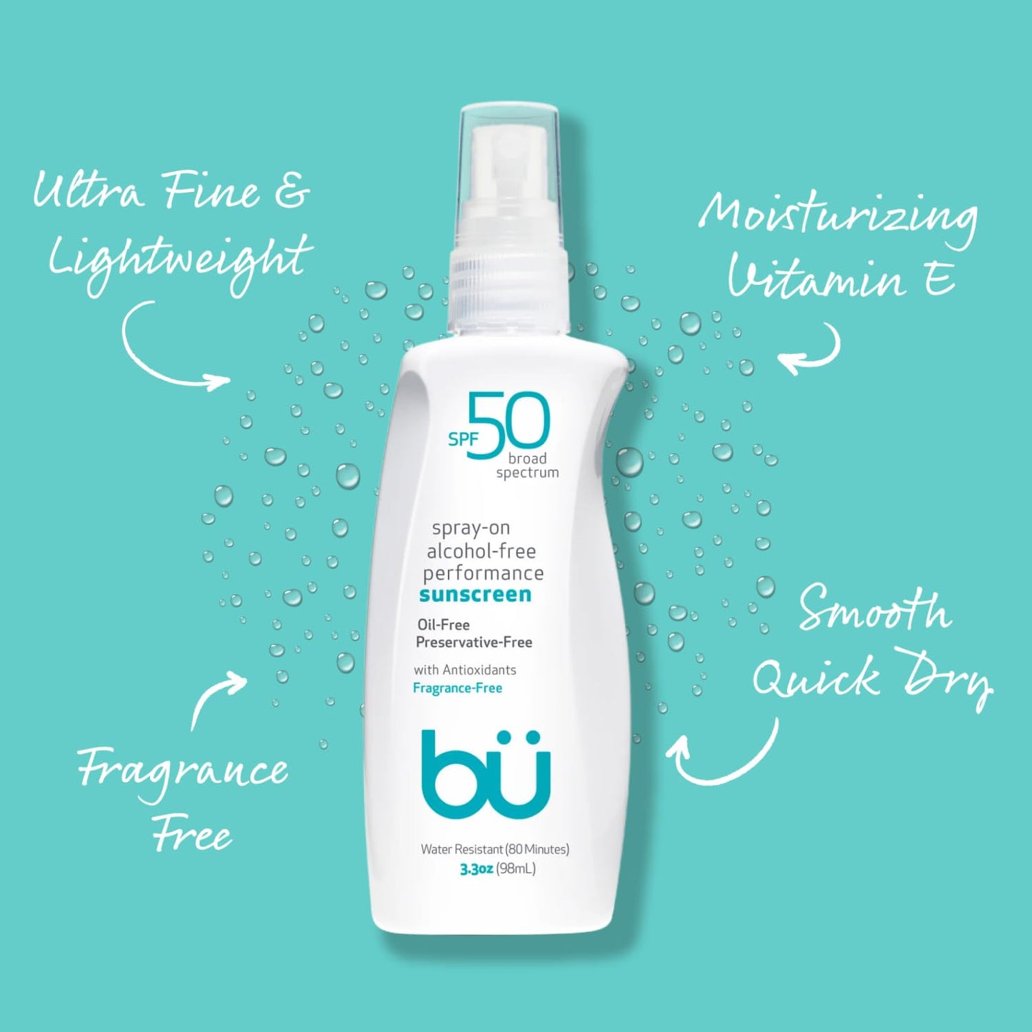 BU SPF 50 Sunscreen Spray 3.3 oz – Face & Body Sunblock for Sensitive Skin, Fragrance-Free, Clear, Non-Greasy, Water-Resistant Protection