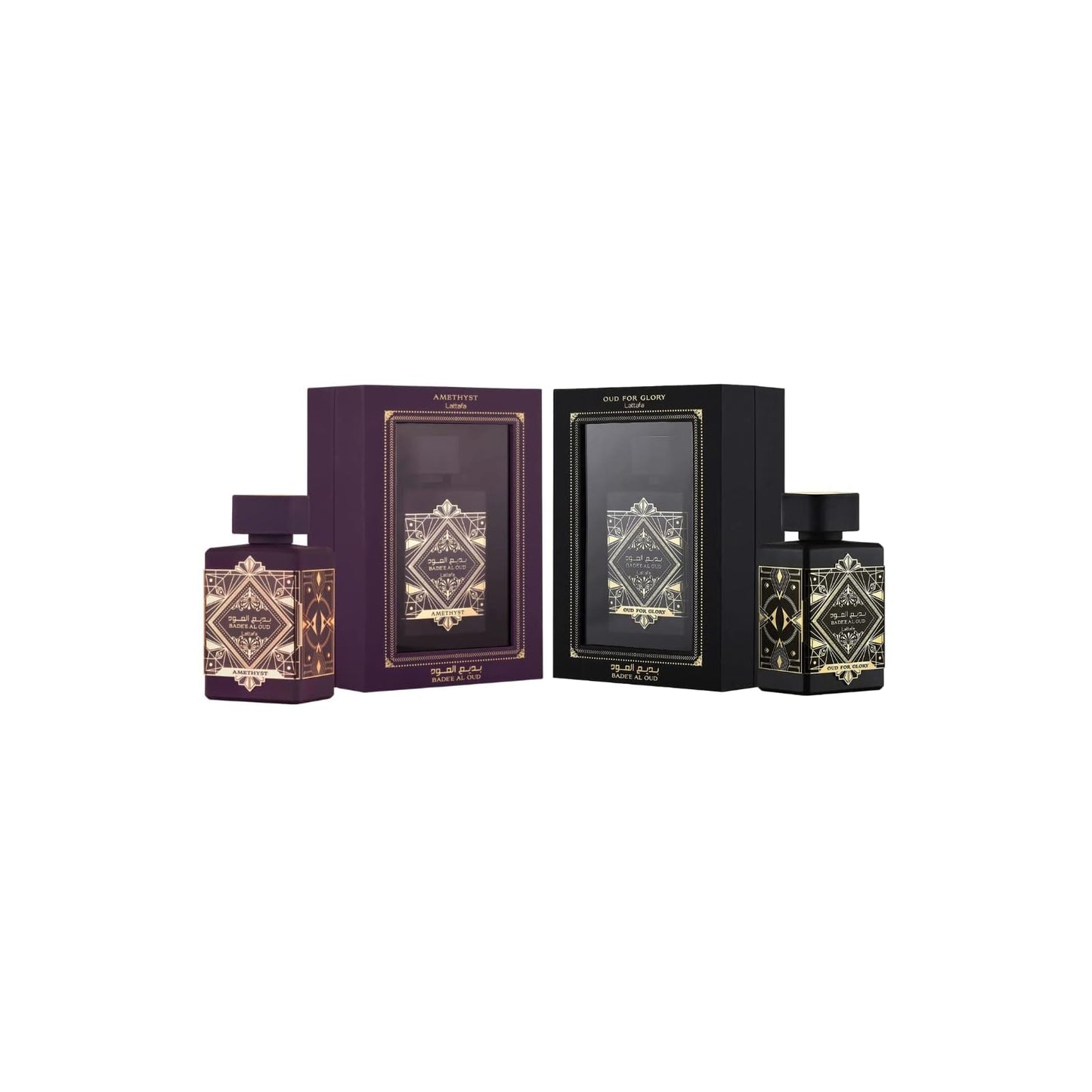 Lattafa Bade'e Al Oud 2-Piece Set for Unisex, (3.4 Oz Amethyst Eau De Parfum Spray + 3.4 Oz Oud for Glory Eau De Parfum Spray)