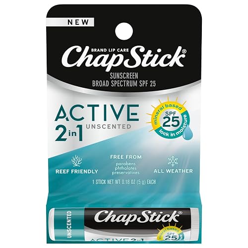 ChapStick Lip Sunscreen Active 2-in-1 Unscented Lip Balm with SPF 25, 0.15 Oz Ea