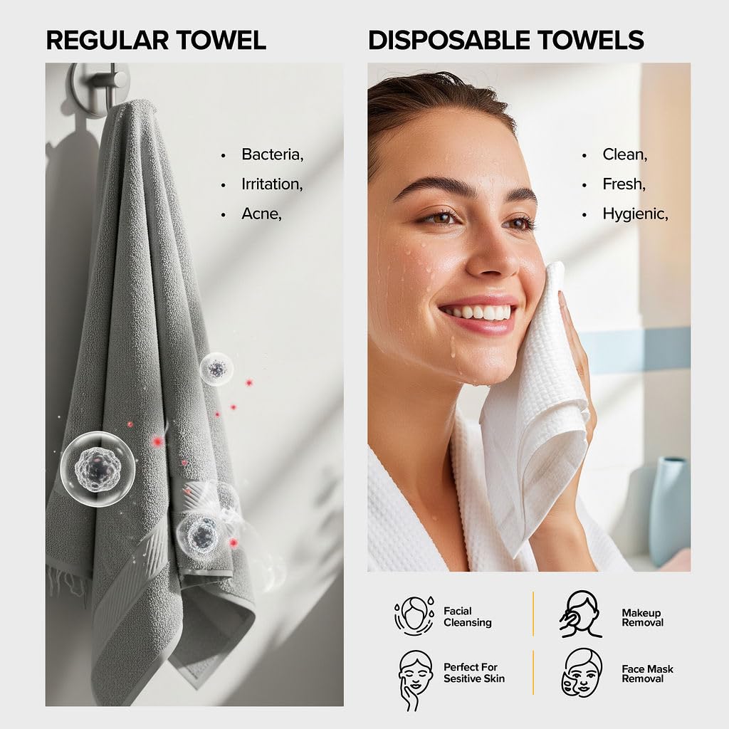 Face Towels - Ultra Soft and Thick Disposable Face Towelettes for Women - Biodegradable Facial Towels for Sensitive Skin - Face Cleansing, Makeup
