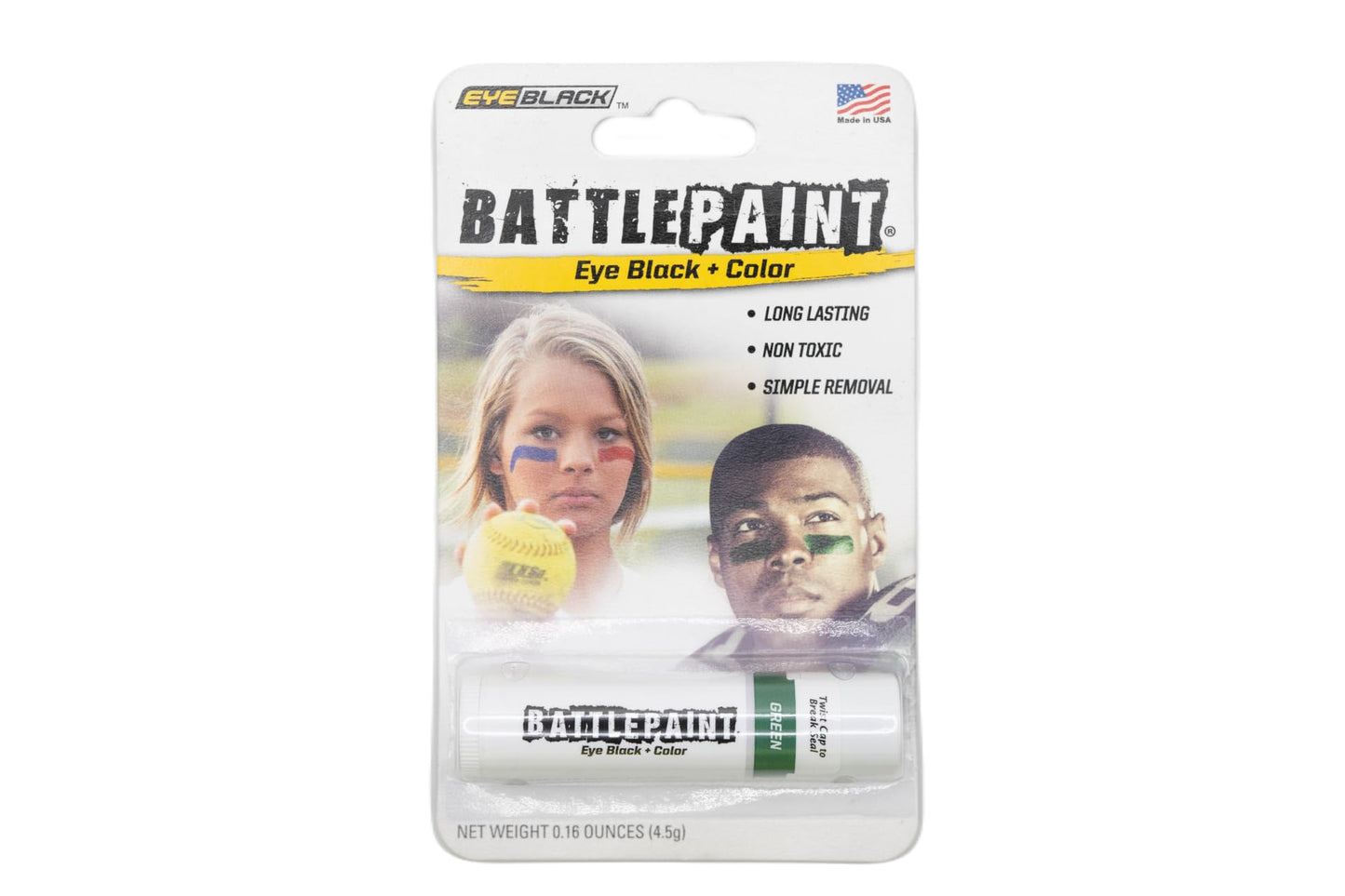 EyeBlack BattlePaint - Bright Colored Under Eye Black Grease for Pro Athletes and Super Fans - Baseball, Softball, Football - 1 Stick - Green