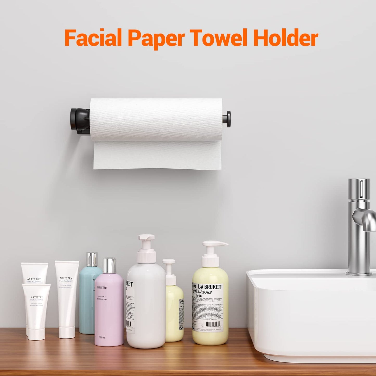 Paper Towel Holder Under Cabinet, Single Hand Operable Wall Mount with Damping Effect, Self-Adhesive or Drilled for Kitchen Bathroom, Black