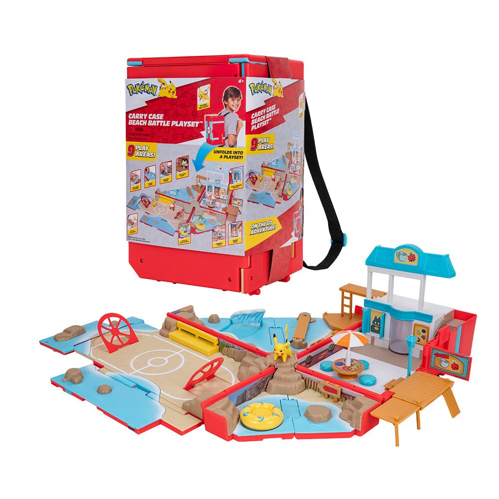 Jazwares Pokemon Carry Case Beach Battle Playset - Portable Transforming Backpack Playset with Action Features and 2-inch Pikachu Battle Figure
