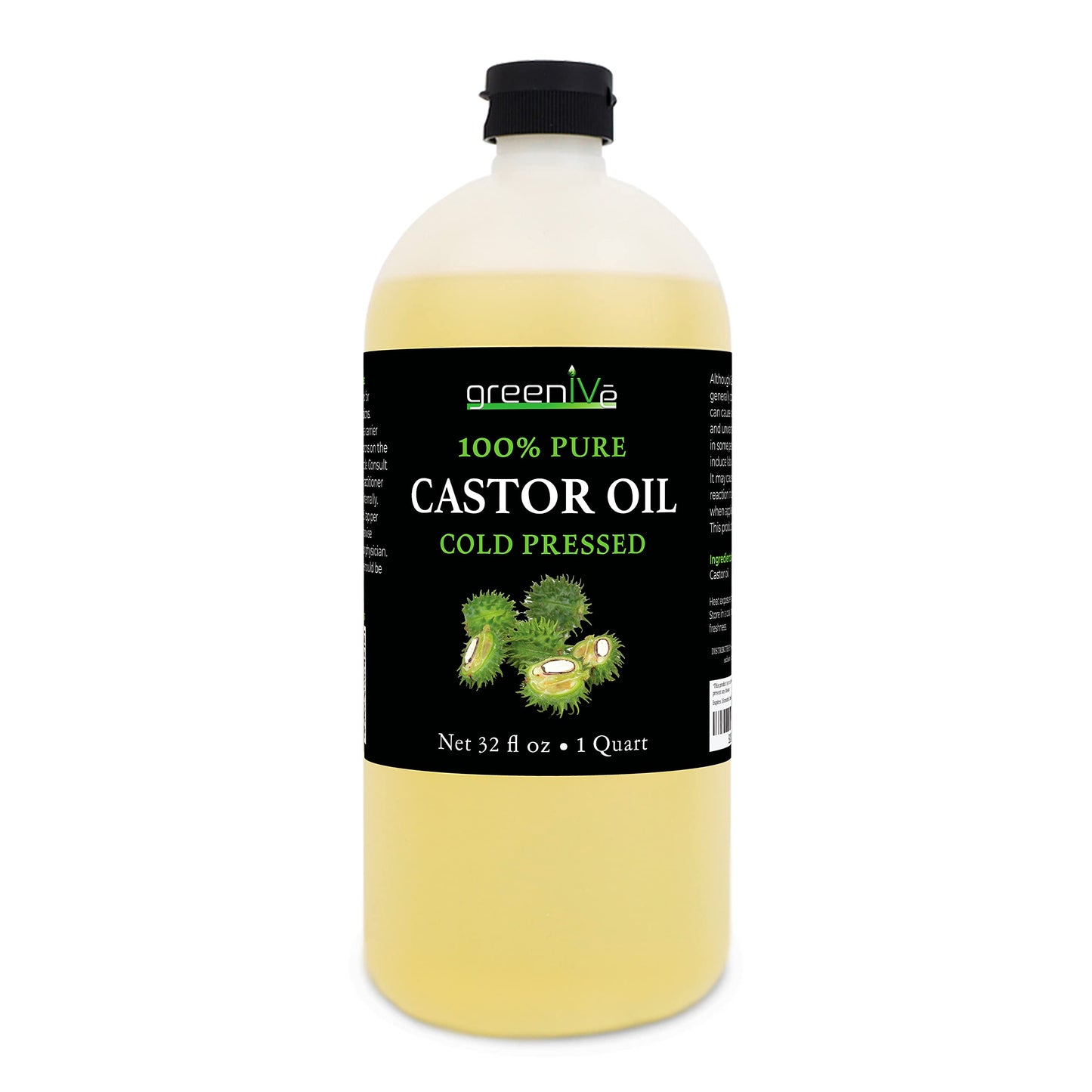 GreenIVe 100% Pure Castor Oil - Cold-Pressed, Hexane-Free - Hair, Eyebrows, Eyelashes, Skin Moisturizer, Castor Pack Wrap Oil Bulk Bottle (32 Fl oz)