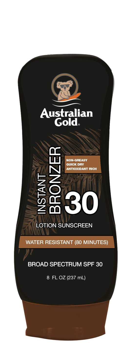 Australian Gold Sunscreen Lotion with Instant Bronzer, Broad Spectrum, Water Resistant, Non-Greasy, Oxybenzone Free, Cruelty Free, SPF 30, Coconut, 8