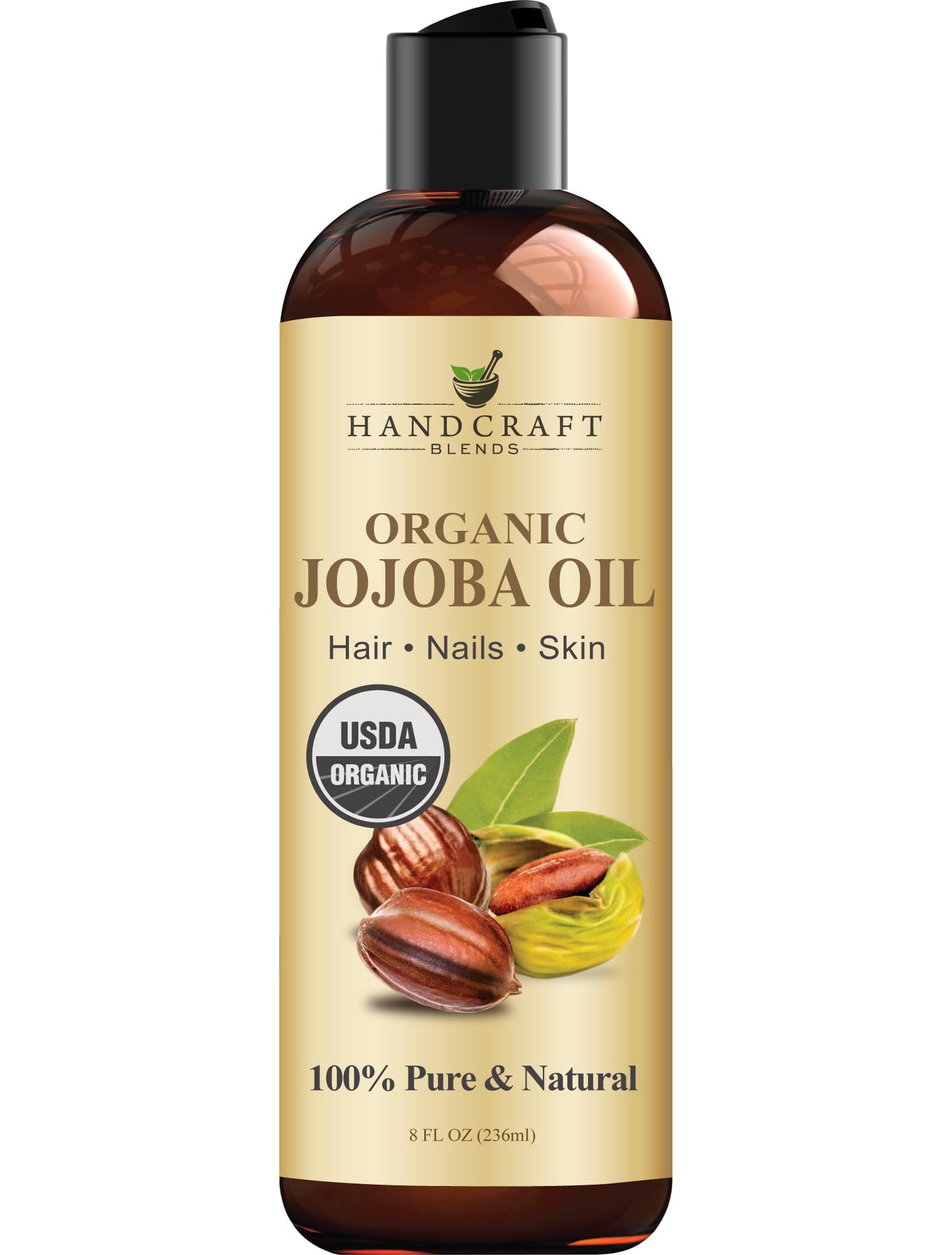 Handcraft Blends USDA Organic Jojoba Oil | Cold-Pressed | 8 Fl Oz | 100% Pure & Natural | for Hair, Skin & Face | Premium Grade Carrier Oil |
